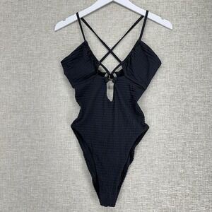 Isabella Rose Multi-Way Maillot One Piece Swimsuit Size L Black Textured Cutouts